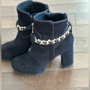 Karl Lagerfeld Black Suede Ankle Booties with Gold Chain